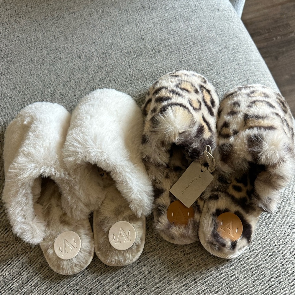 Anthropologie Cream and Brown Furry Slippers